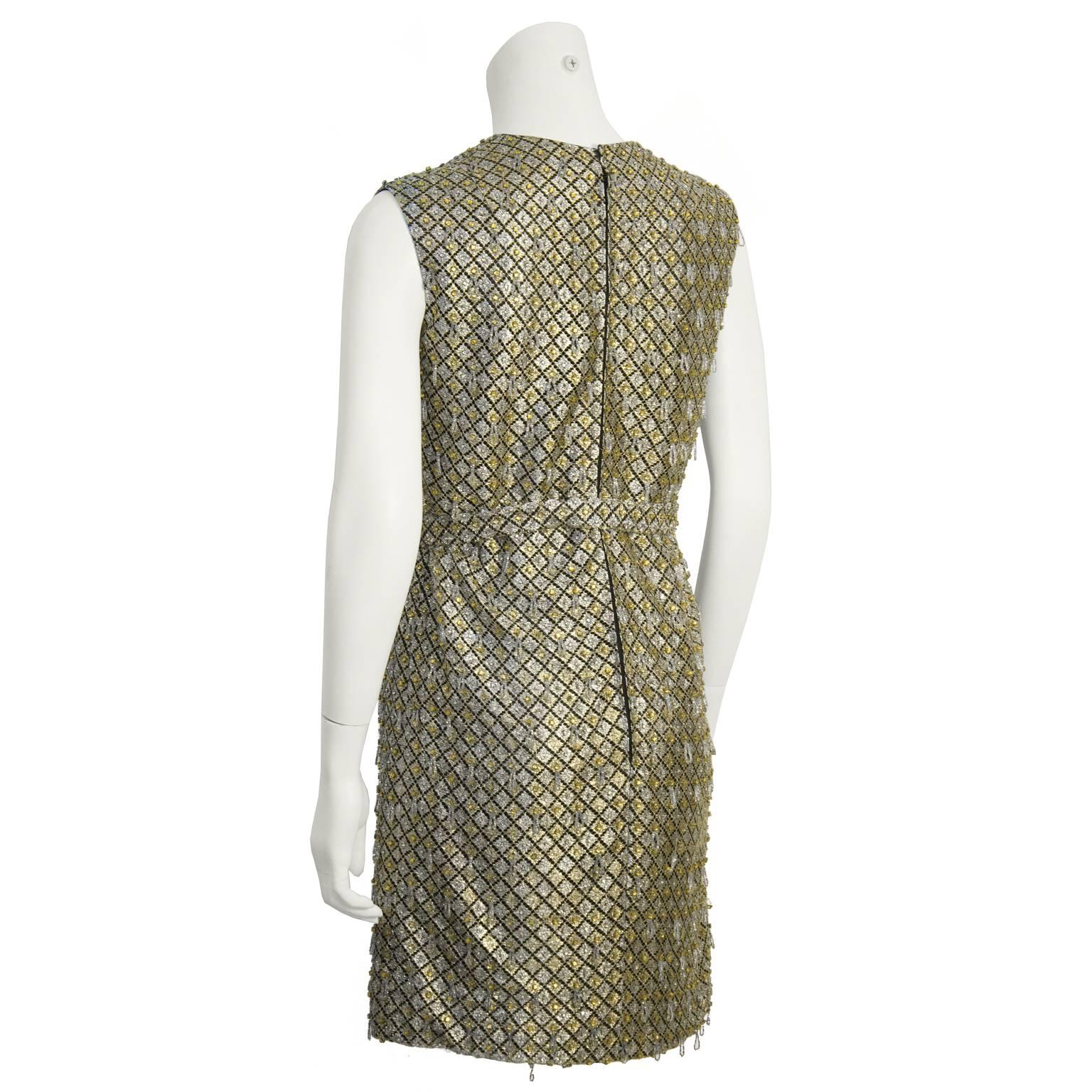 Brown 1960's Gold and Silver Beaded Mini Dress with Belt  For Sale