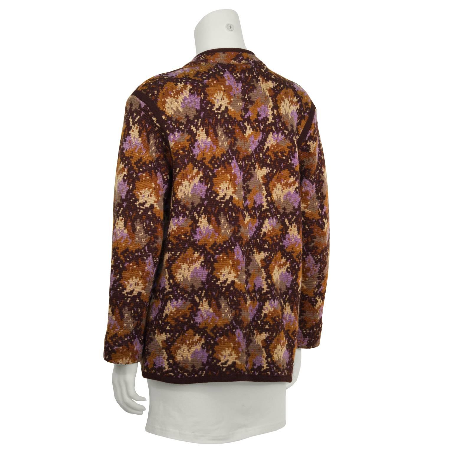 1980's Yves Saint Laurent YSL Brown Intarsia Knit Cardigan  In Excellent Condition In Toronto, Ontario