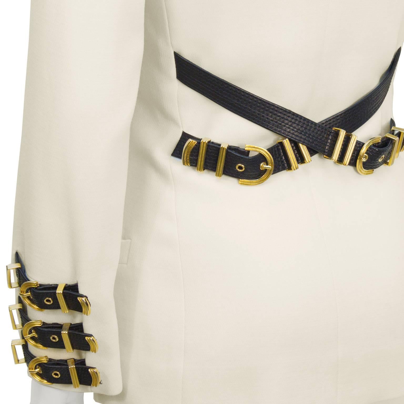 Women's 1980's Versace Cream Blazer with Bondage Belt Detail 