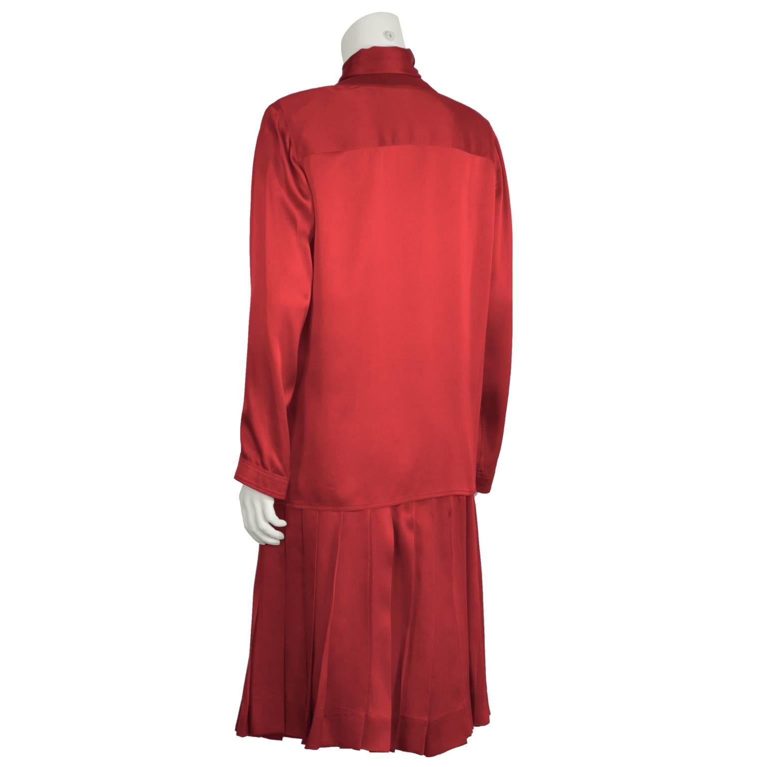 1980's Chanel Red Satin Skirt & Matching Tie Neck Ensemble In Excellent Condition In Toronto, Ontario