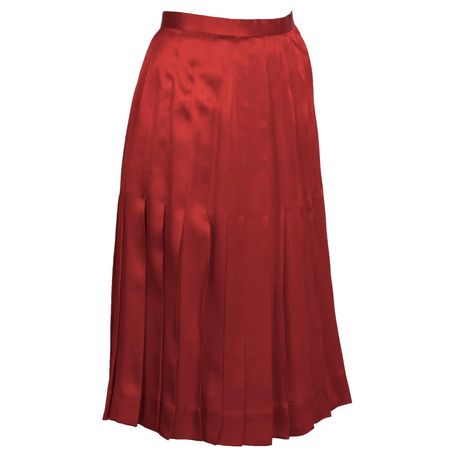 Women's 1980's Chanel Red Satin Skirt & Matching Tie Neck Ensemble 