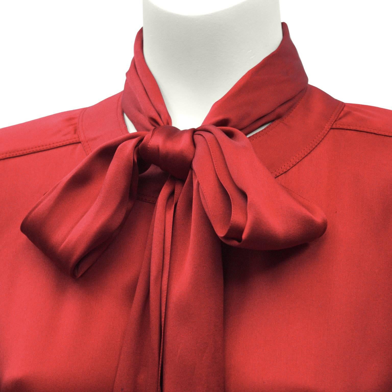 1980's Chanel Red Satin Skirt & Matching Tie Neck Ensemble  1
