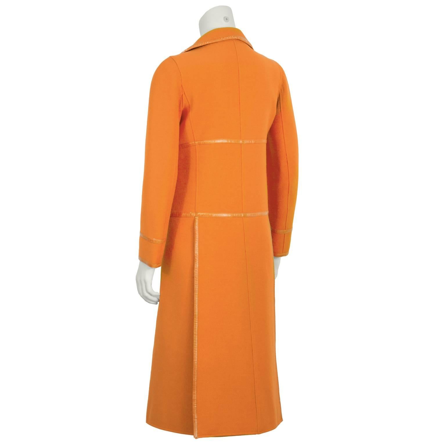 1960's Courreges Orange Mod Coat with Vinyl Trim In Good Condition For Sale In Toronto, Ontario
