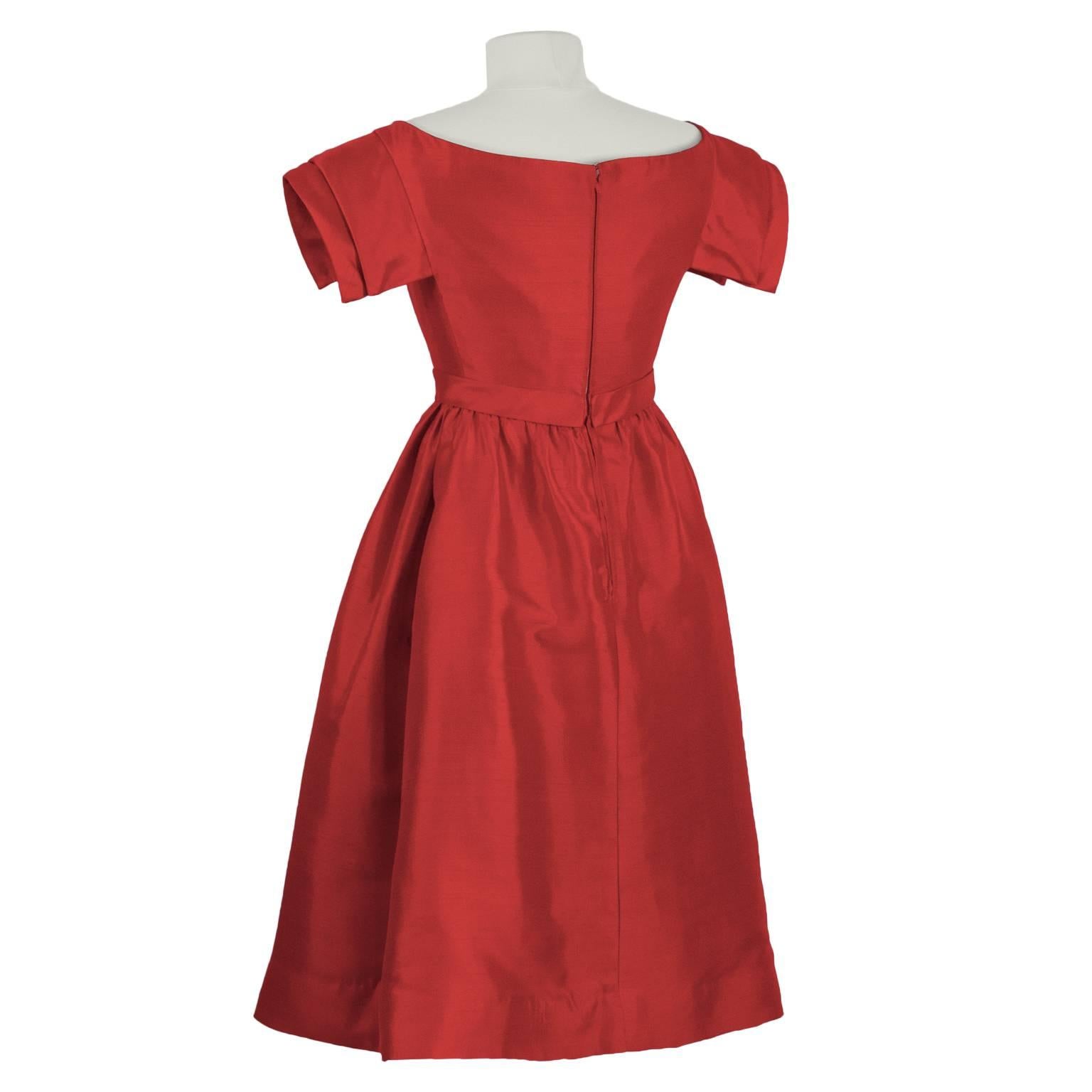 1960's Galanos Red Satin Cocktail Dress  In Excellent Condition In Toronto, Ontario