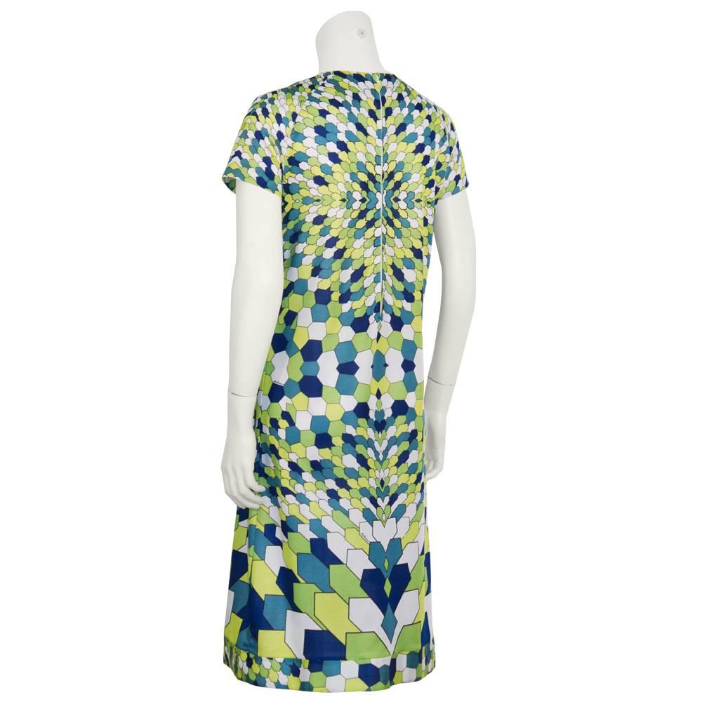 Beige 1970's Artemis Green Geometric Print Day Dress For Sale