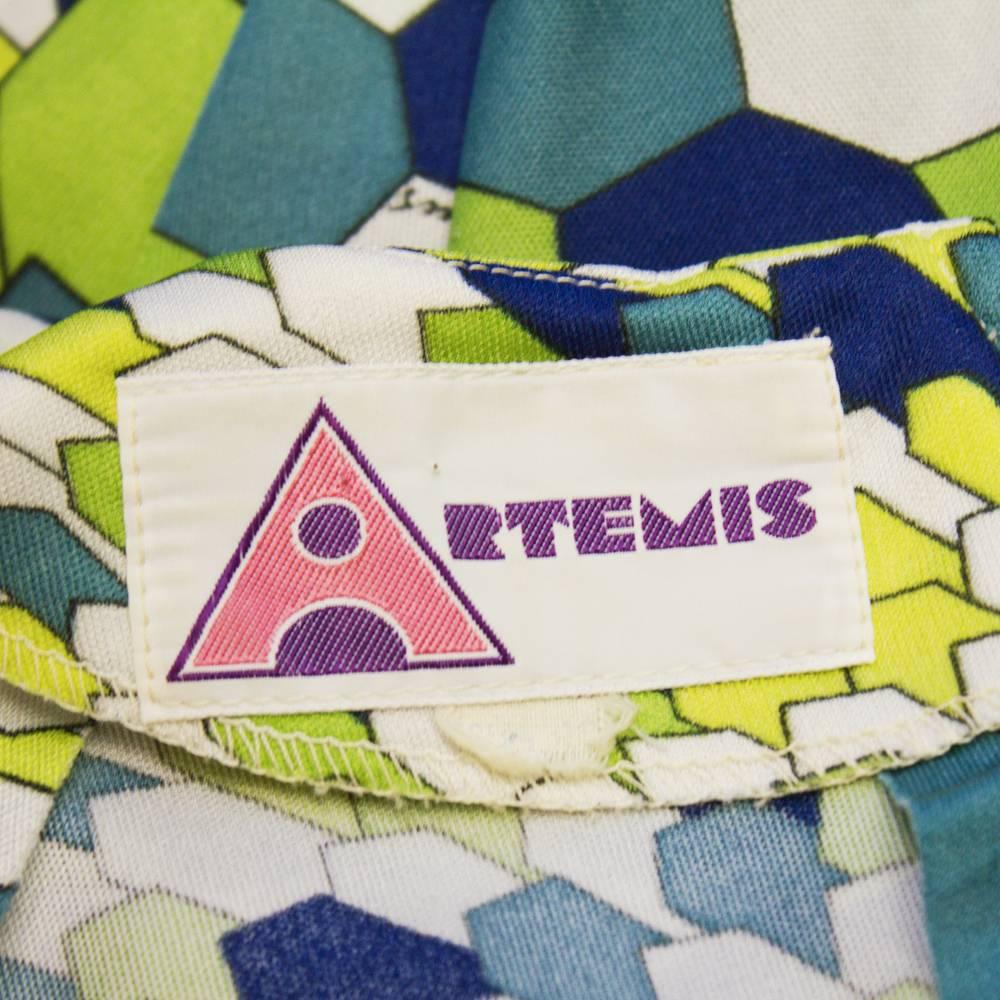 Women's 1970's Artemis Green Geometric Print Day Dress For Sale