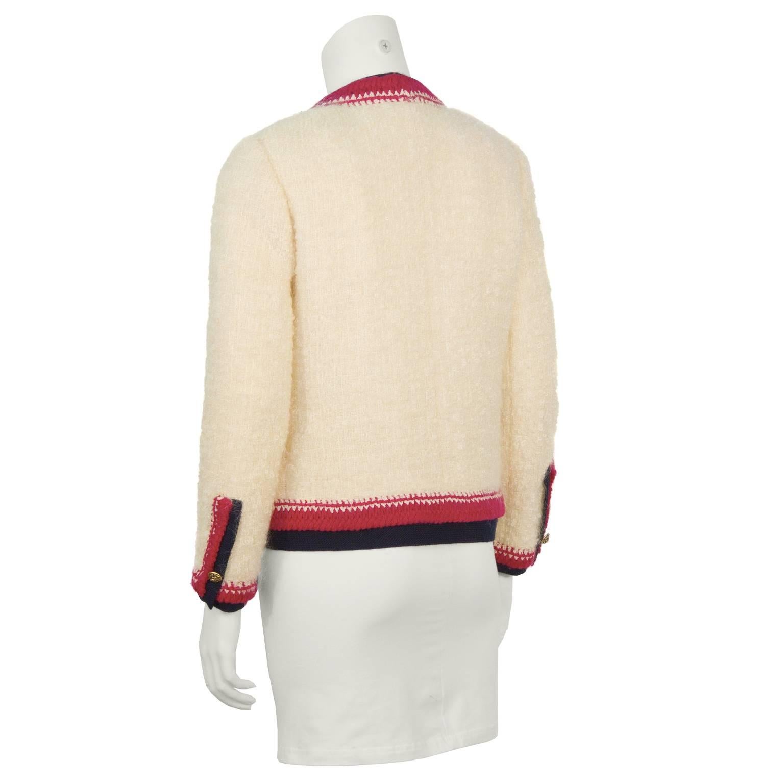 1980's Chanel Cream Boucle Jacket with Colorful Trim In Excellent Condition In Toronto, Ontario