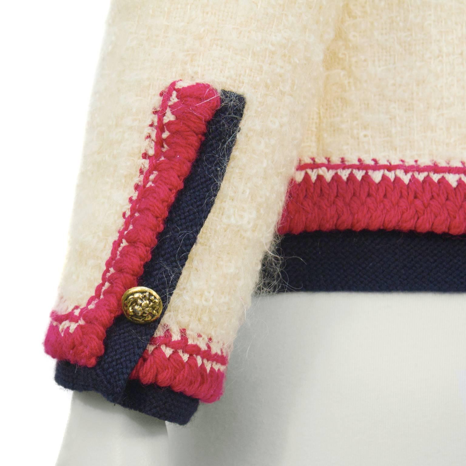 1980's Chanel Cream Boucle Jacket with Colorful Trim 1
