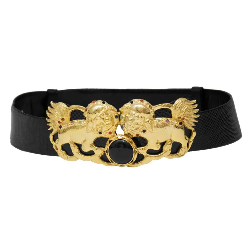 1980's Judith Leiber Python Belt with Lion Buckle 