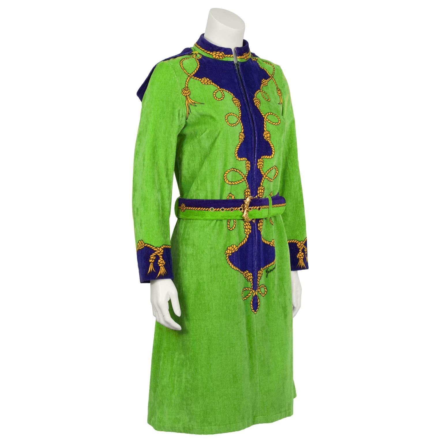 This 1960’s creation from the Venetian textile company Jesurum, is the perfect cover-up for the pool. The hooded terrycloth dress features a tromp l’oeil design of gold rope with navy detail on a Kelly green background.  Zip front  finishes in a