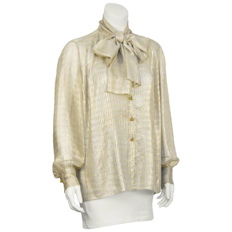 1980's Chanel Gold Silk Sheer Blouse with Pussy Bow at 1stDibs