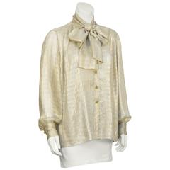 1980's Chanel Gold Silk Sheer Blouse with Pussy Bow