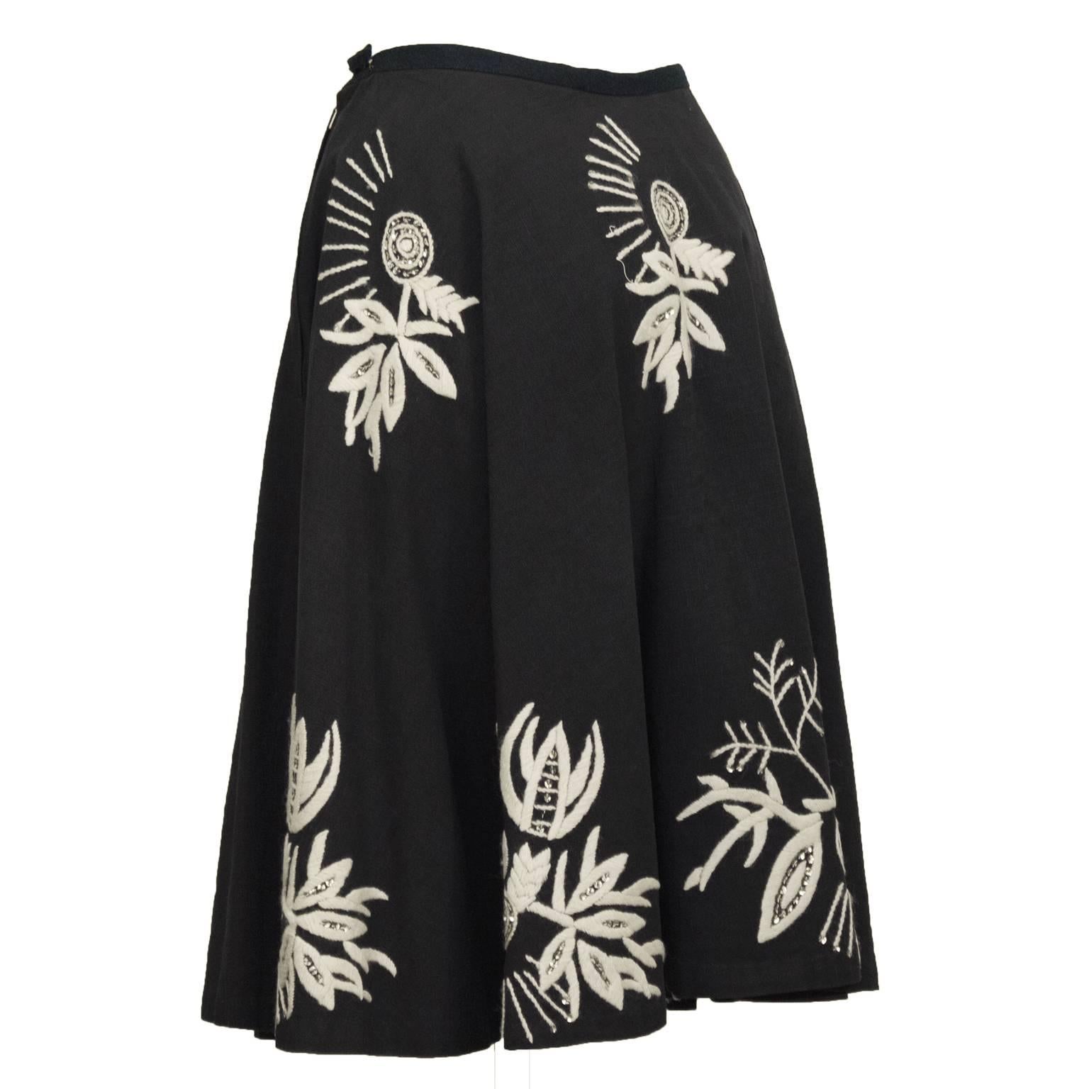 Black 1950's Mid Century Circle Skirt With Hand Embroidery