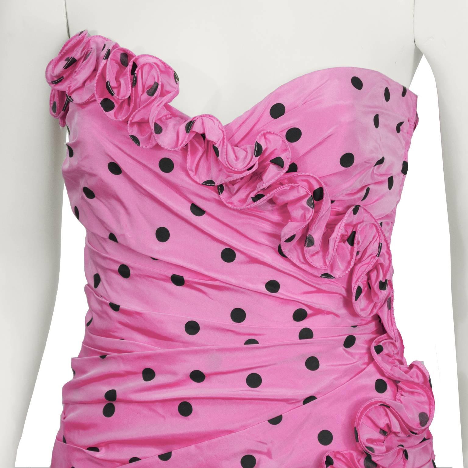 1980's Candice Fraiberger Pink Polka Dot Ruffle Gown  In Excellent Condition In Toronto, Ontario