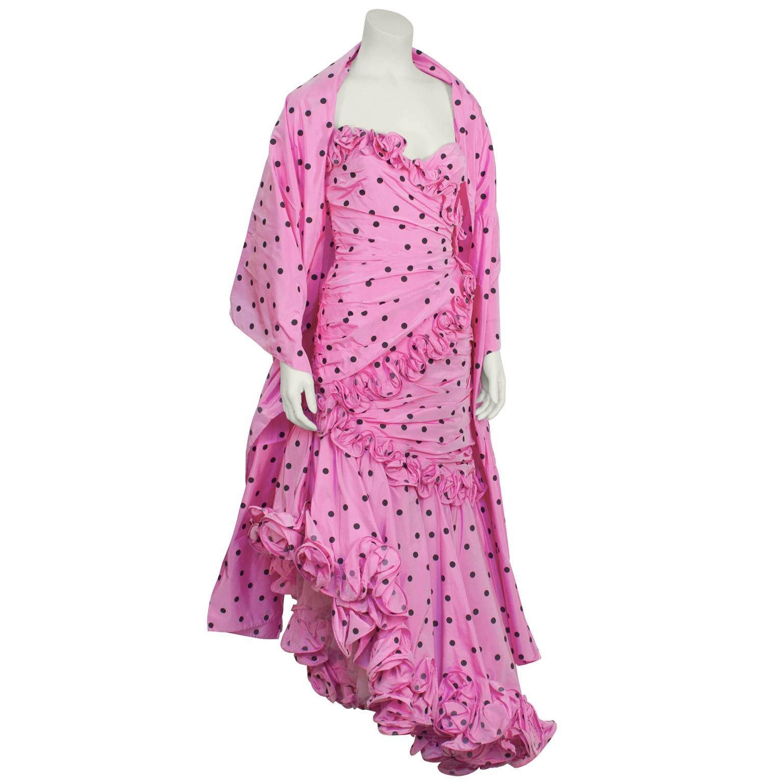 Candice Fraiberger pink and black polka dot ruffle gown from the 1980s.  Known as one of Elizabeth Taylor's favorite designers, this glamorous strapless gown has ruching on the bodice, rosette like ruffles ascending throughout and an angled