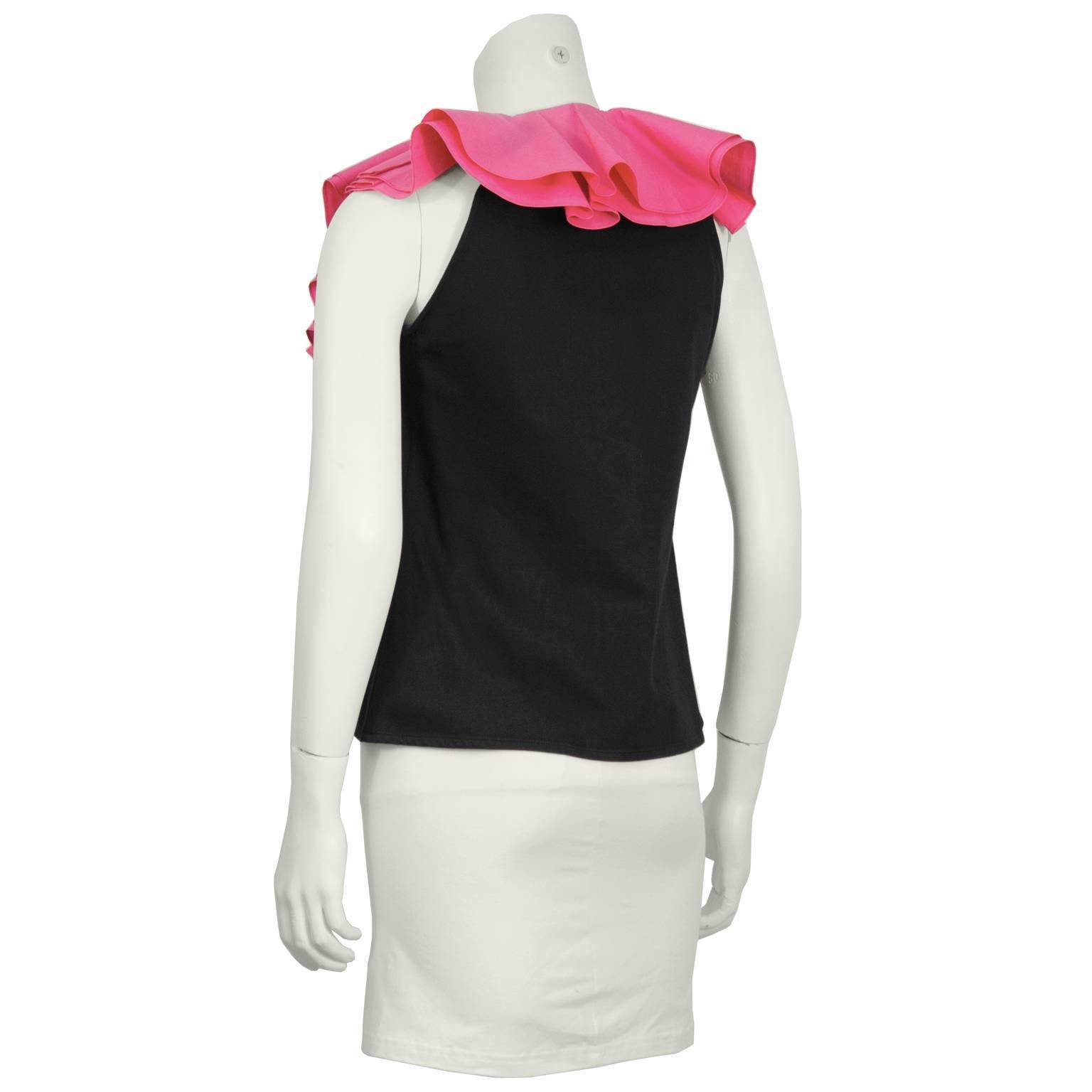 Pink 1980's Yves Saint Laurent YSL Black Sleeveless Top with Ruffles