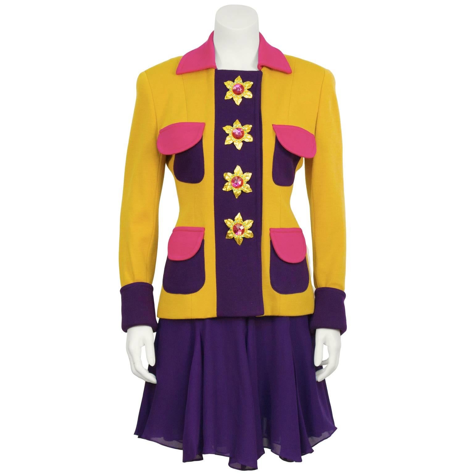 Circa 1990 Gemma Kahng wool jersey knit color blocked jacket with matching purple chiffon trumpet flared mini skirt. Purchased at Bergdorf Goodman, from their promising new designer collections. The marigold wool jersey jacket features hot pink and