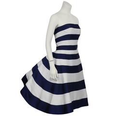 1980's Victor Costa Navy and White Strapless Cocktail Dress