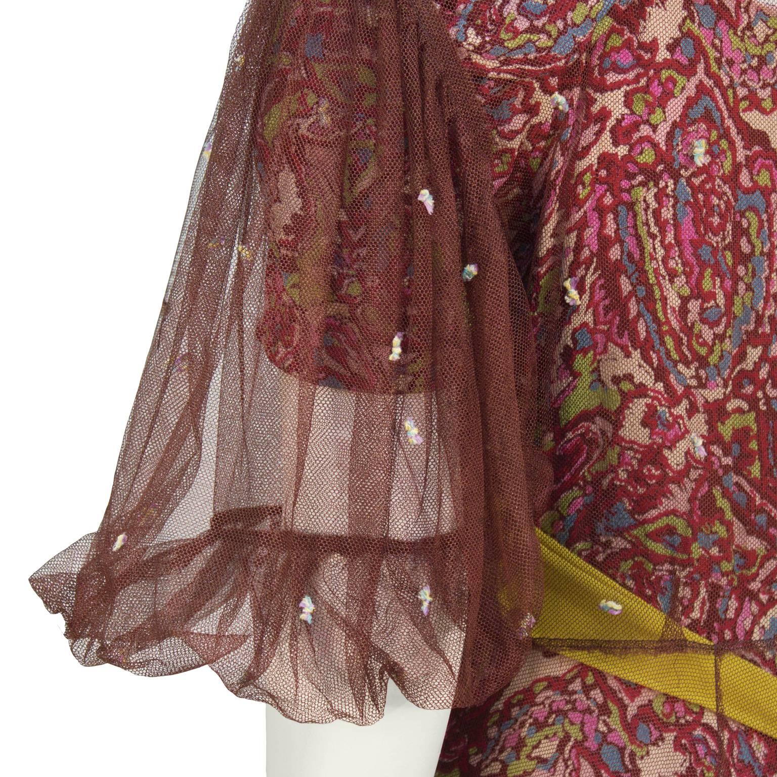 Brown 1940's Anonymous Paisley Gown with Maroon Net Overcoat