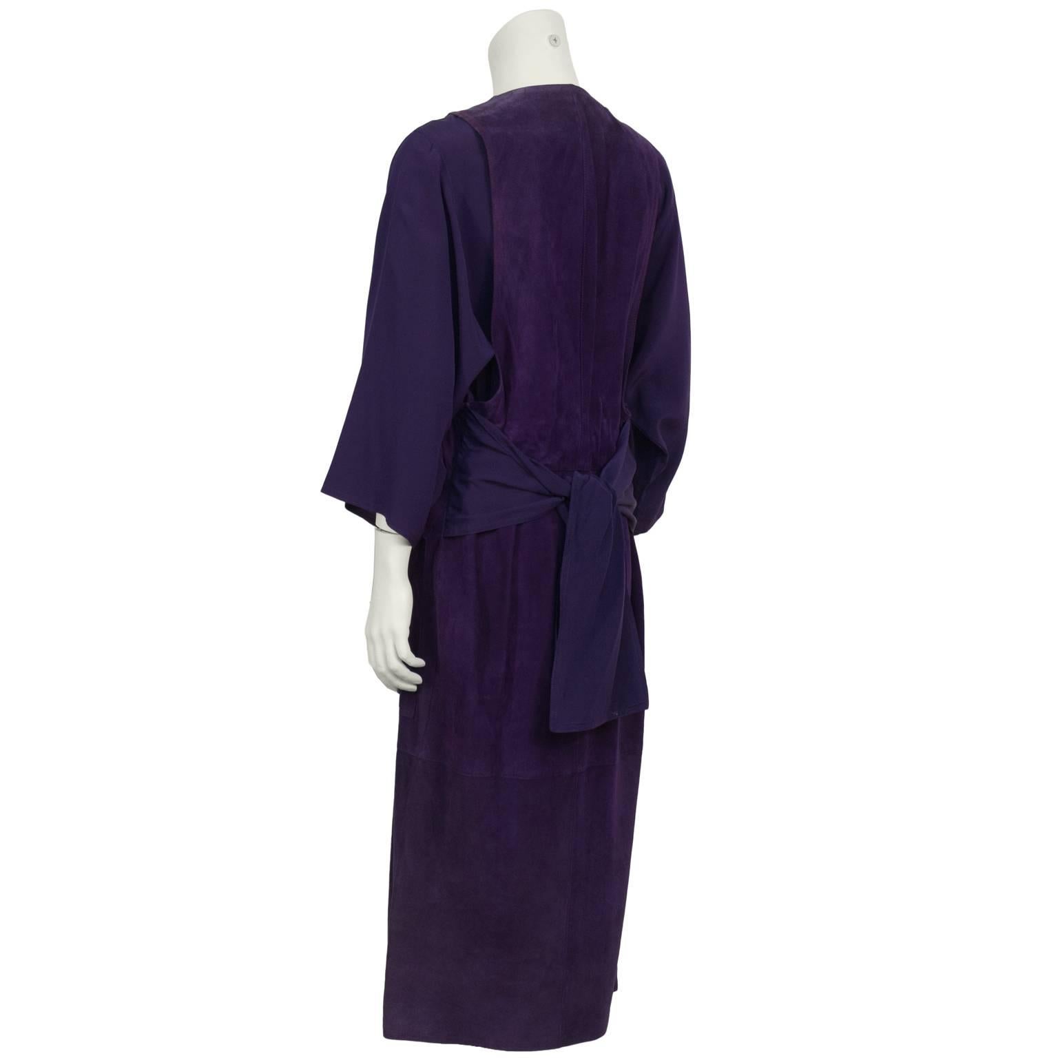 Black 1970's Plum Suede and Rayon Crepe Dress  For Sale