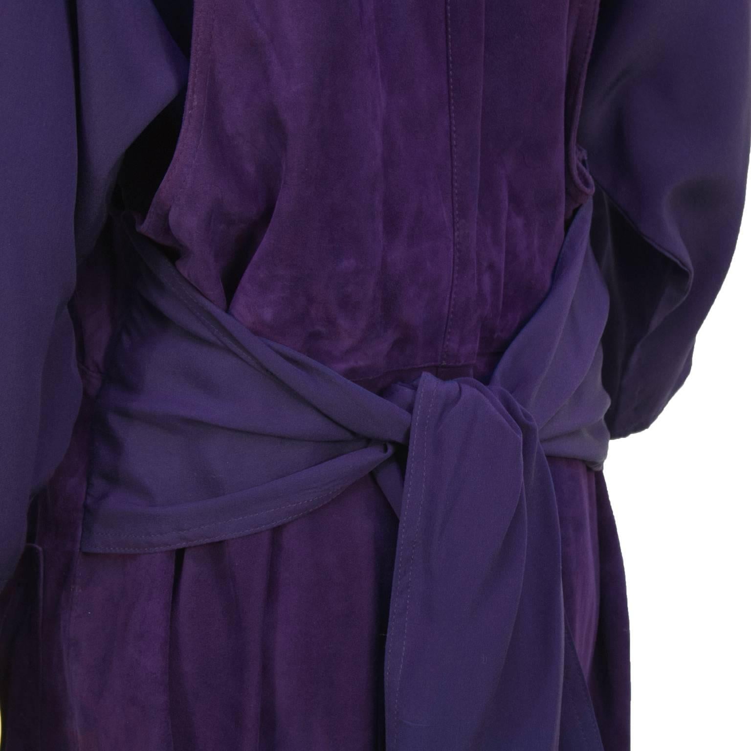 Women's 1970's Plum Suede and Rayon Crepe Dress  For Sale