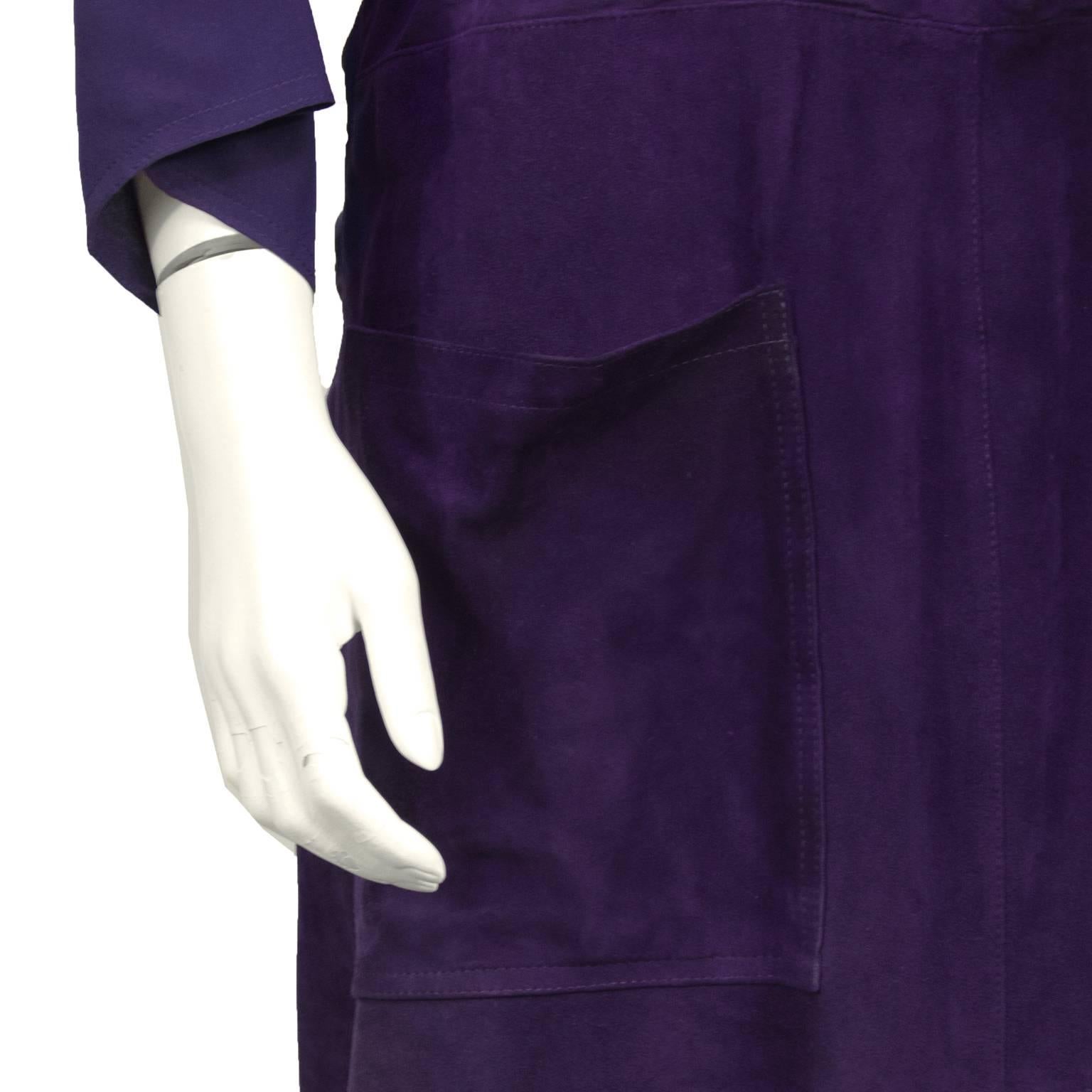1970's Plum Suede and Rayon Crepe Dress  In Excellent Condition For Sale In Toronto, Ontario