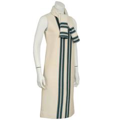 1960's Italian Knit Cream and Green Dress with Matching Scarf