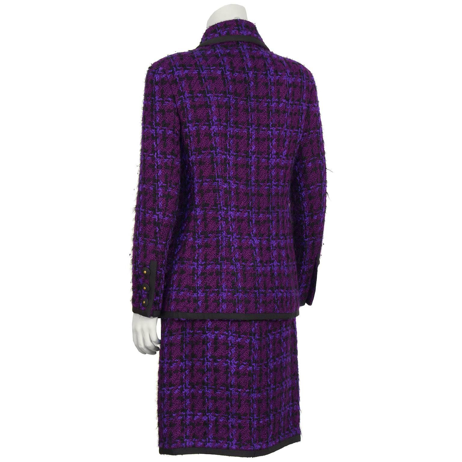 1980's Chanel Purple Plaid Boucle Skirt Suit In Excellent Condition In Toronto, Ontario