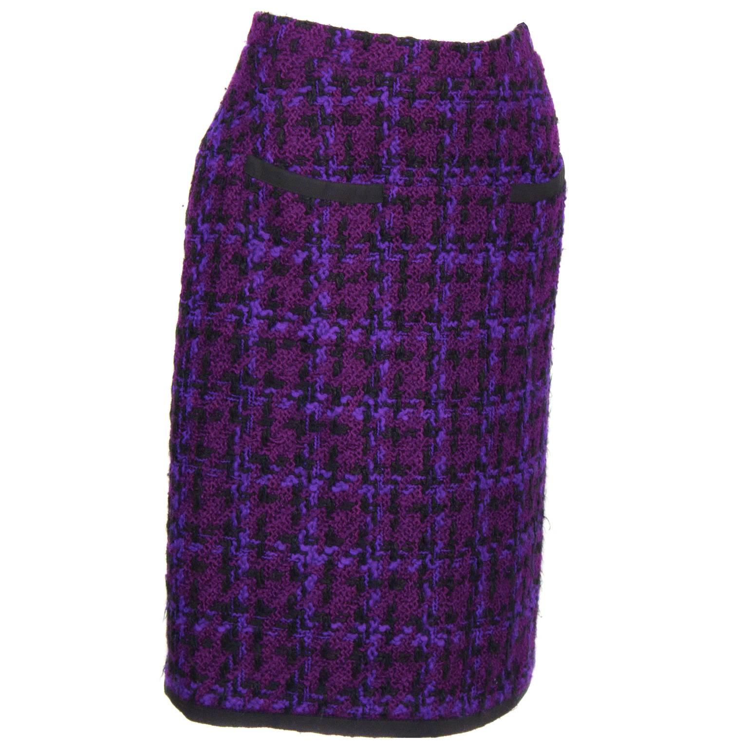 Women's 1980's Chanel Purple Plaid Boucle Skirt Suit 