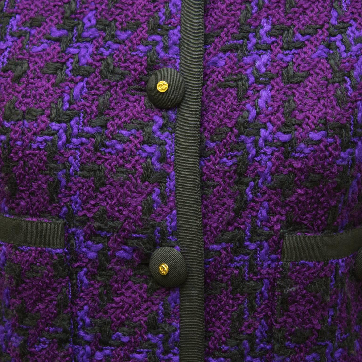 1980's Chanel Purple Plaid Boucle Skirt Suit 1