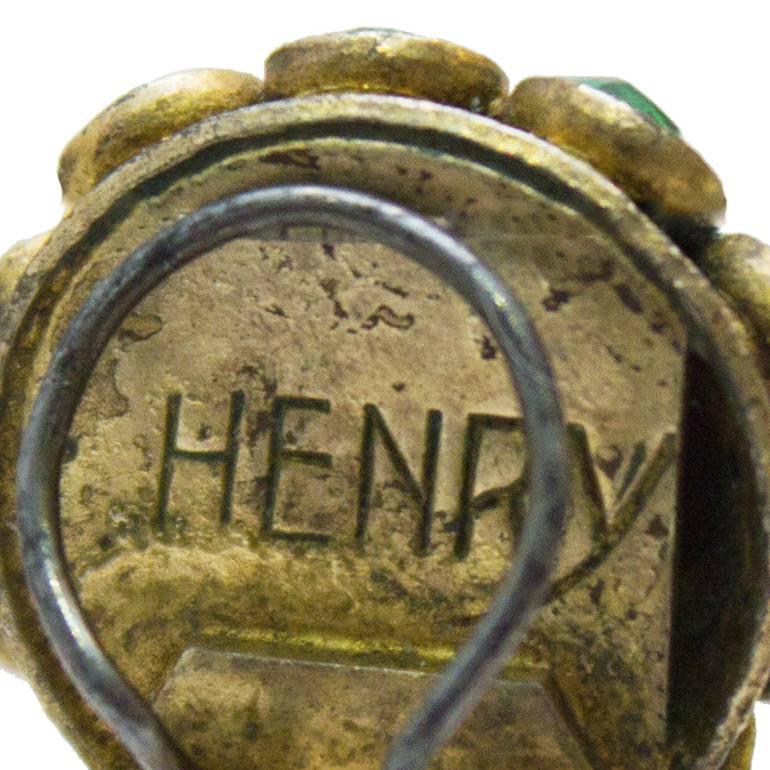 Romantique Boucles d'oreilles en bronze GIlt Henry Perichon Oeil de Tigre Bleu des années 50  en vente