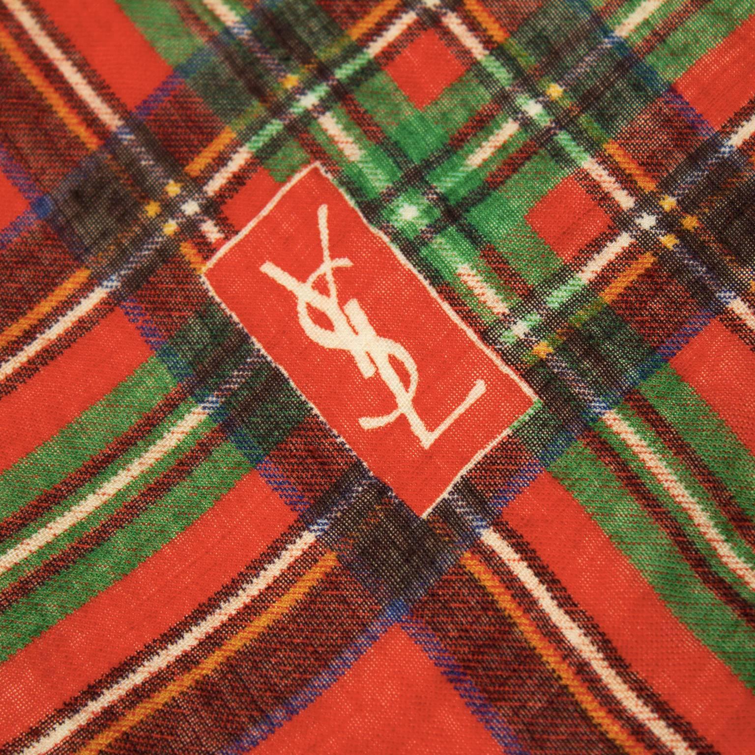 Brown 1970's Yves Saint Laurent YSL Plaid Scarf