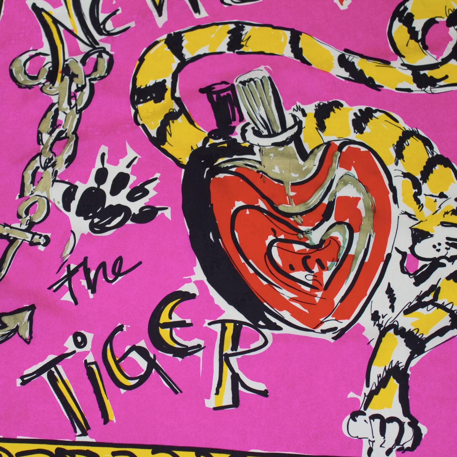 Escada silk scarf from the early 1980's with a Lanvin-esque scribble drawing. The drawing features a tiger, anchor and perfume bottles in bright jewel tones on a shocking pink field. The words 