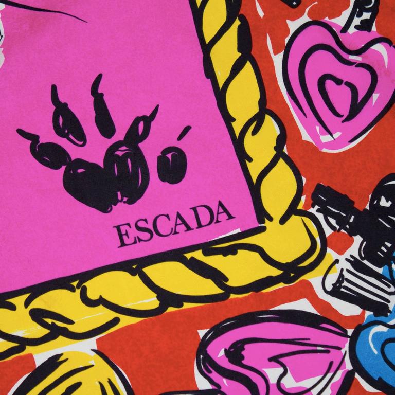 Pink 1980's Early Escada Shocking PInk & Red Scribble Silk Scarf For Sale