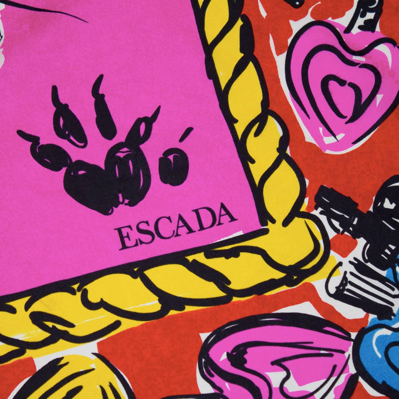 1980er Jahre früher Escada Shocking PInk & Red Scribble Seidenschal (Pink) im Angebot