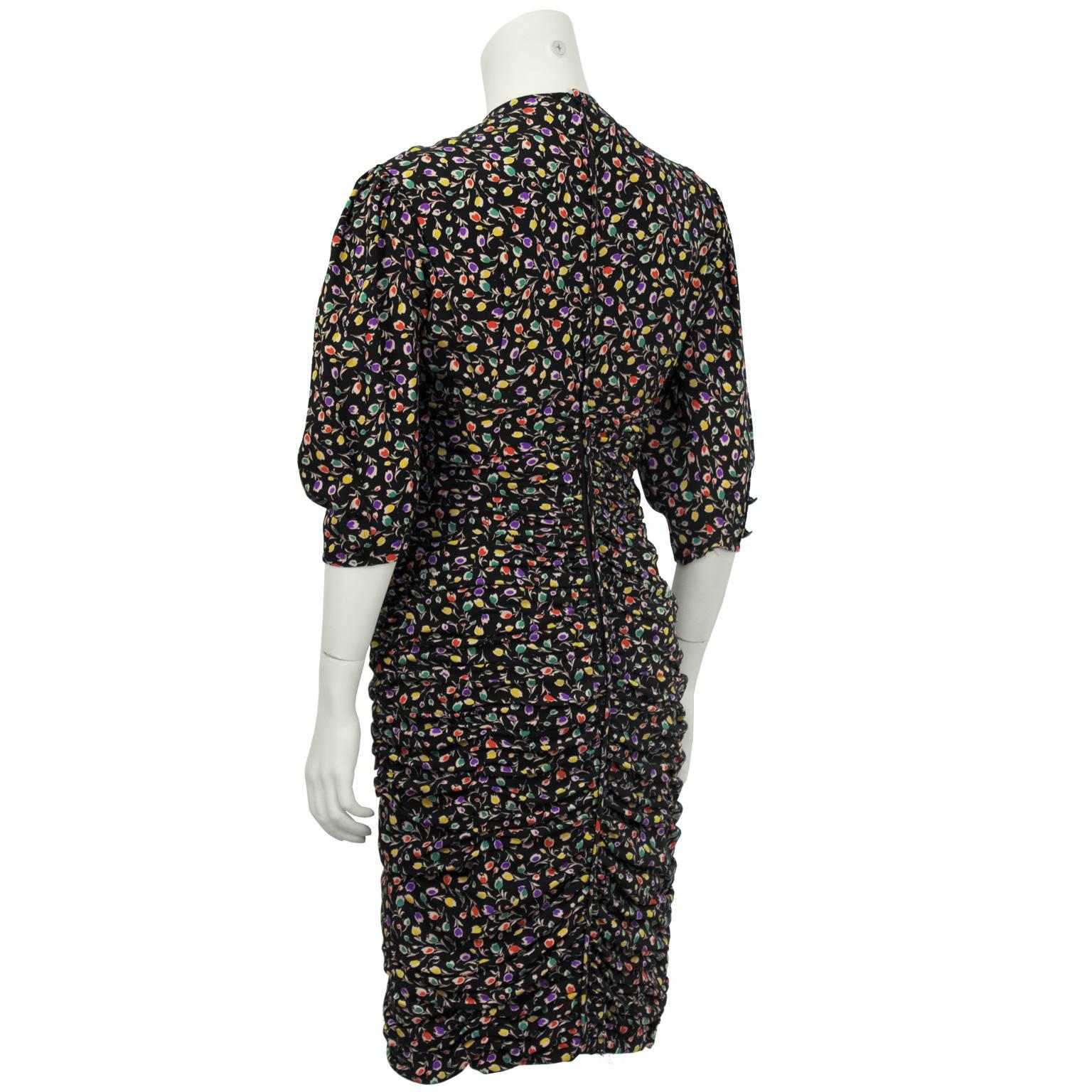 1980's Ungaro Black Floral Ruched Dress In Excellent Condition In Toronto, Ontario