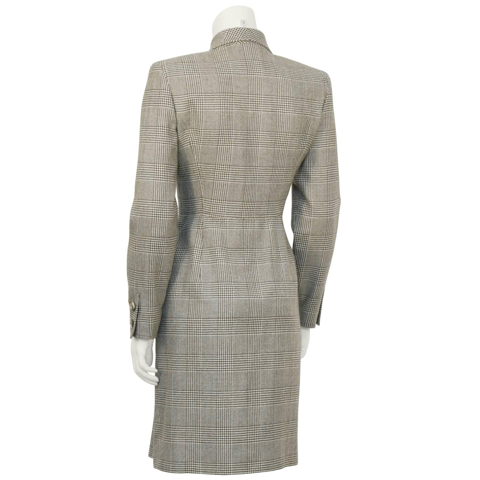 Gray 1980's Valentino Brown Glen Check Wool Dress