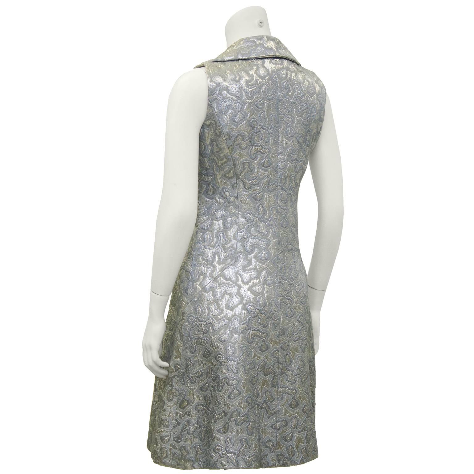 1960's Adele Simpson Silver Brocade Sleeveless Dress In Excellent Condition In Toronto, Ontario