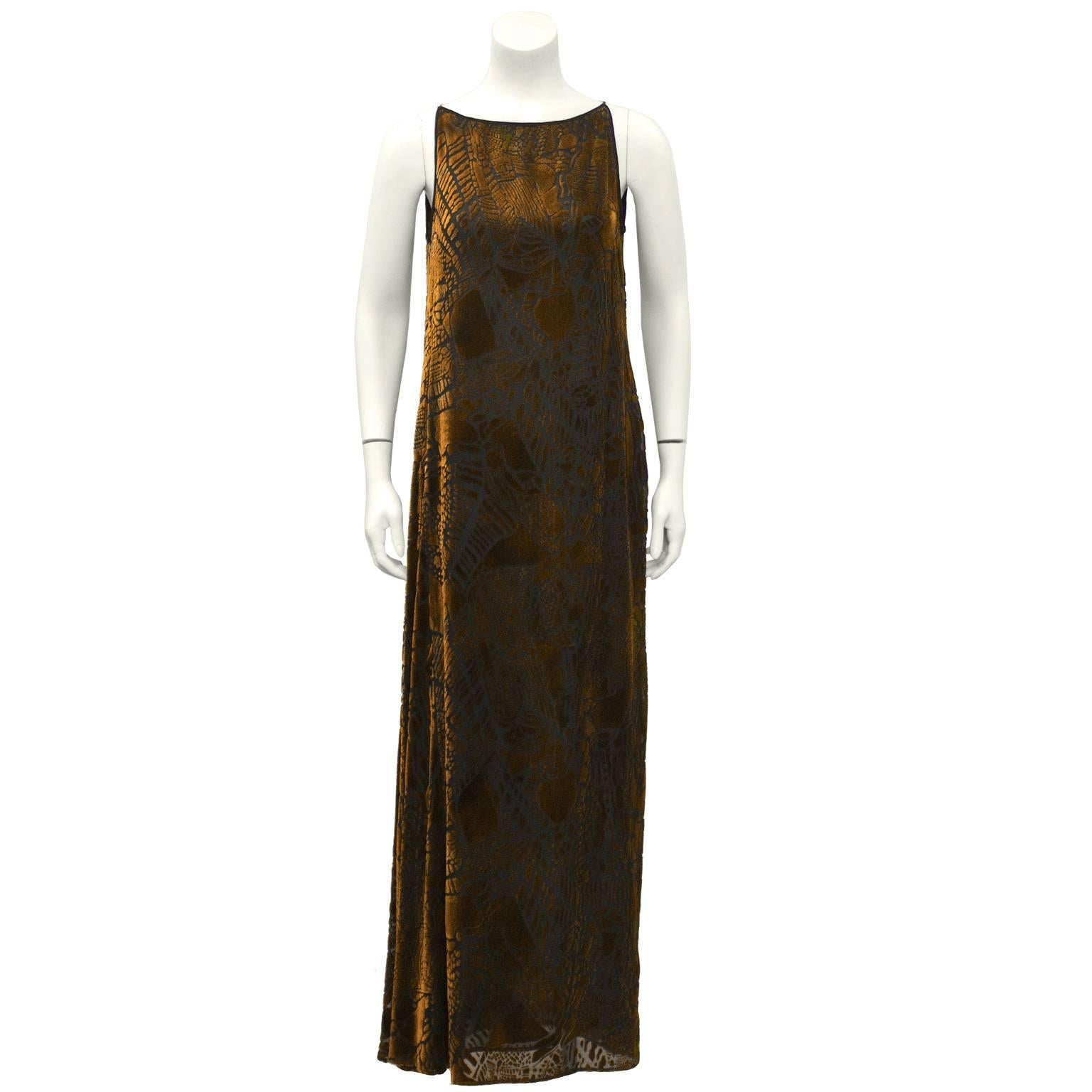 Christian Lacroix late 1980's art deco style bronze and black devoré velvet chemise shaped gown with matching shawl. Sleeveless with boat neckline and skinny non-adjustable shoulder straps. Asymmetrical gather on the right hip. The dress is meant to