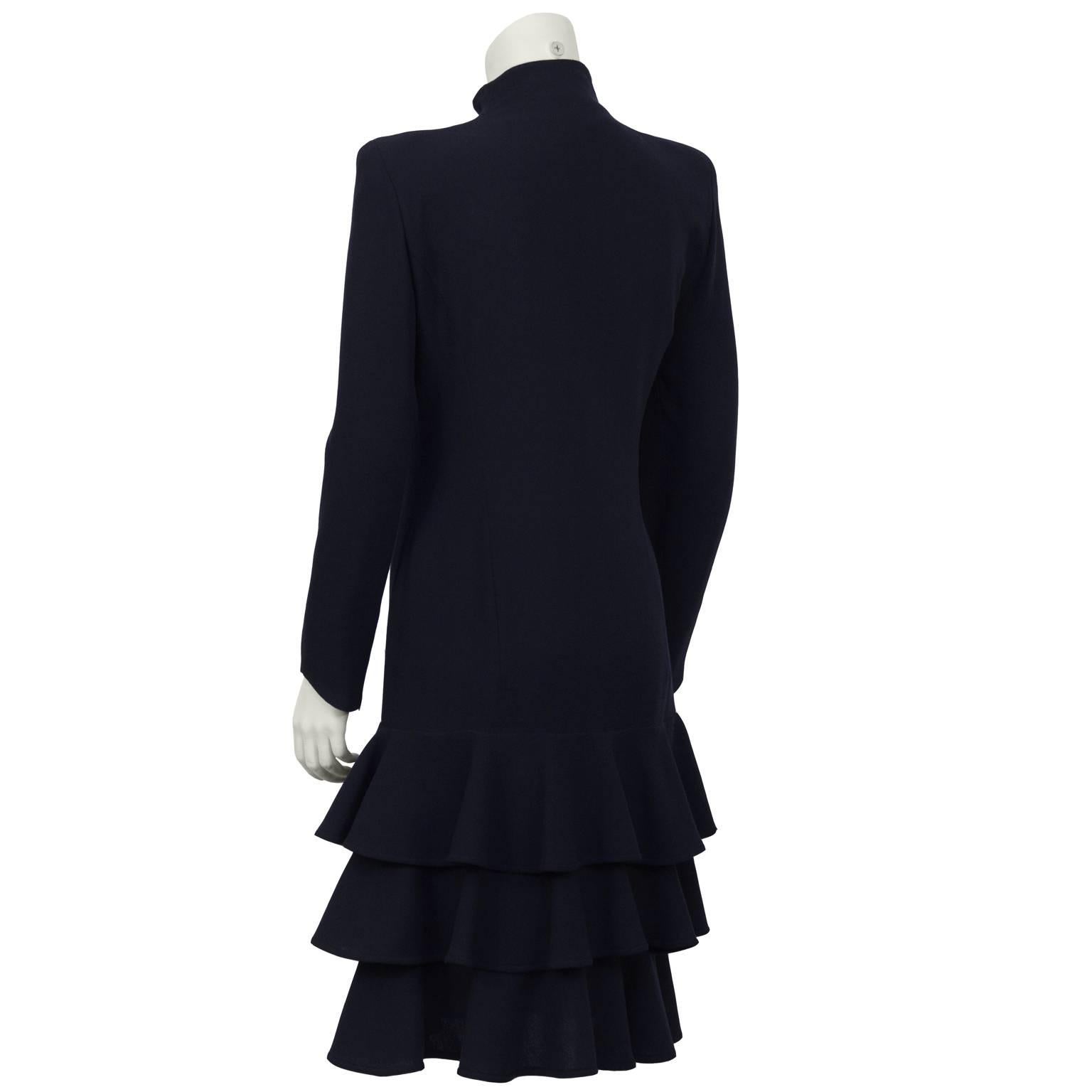 Black 1980's Valentino Navy Crepe Long Sleeve Drop Waist Dress