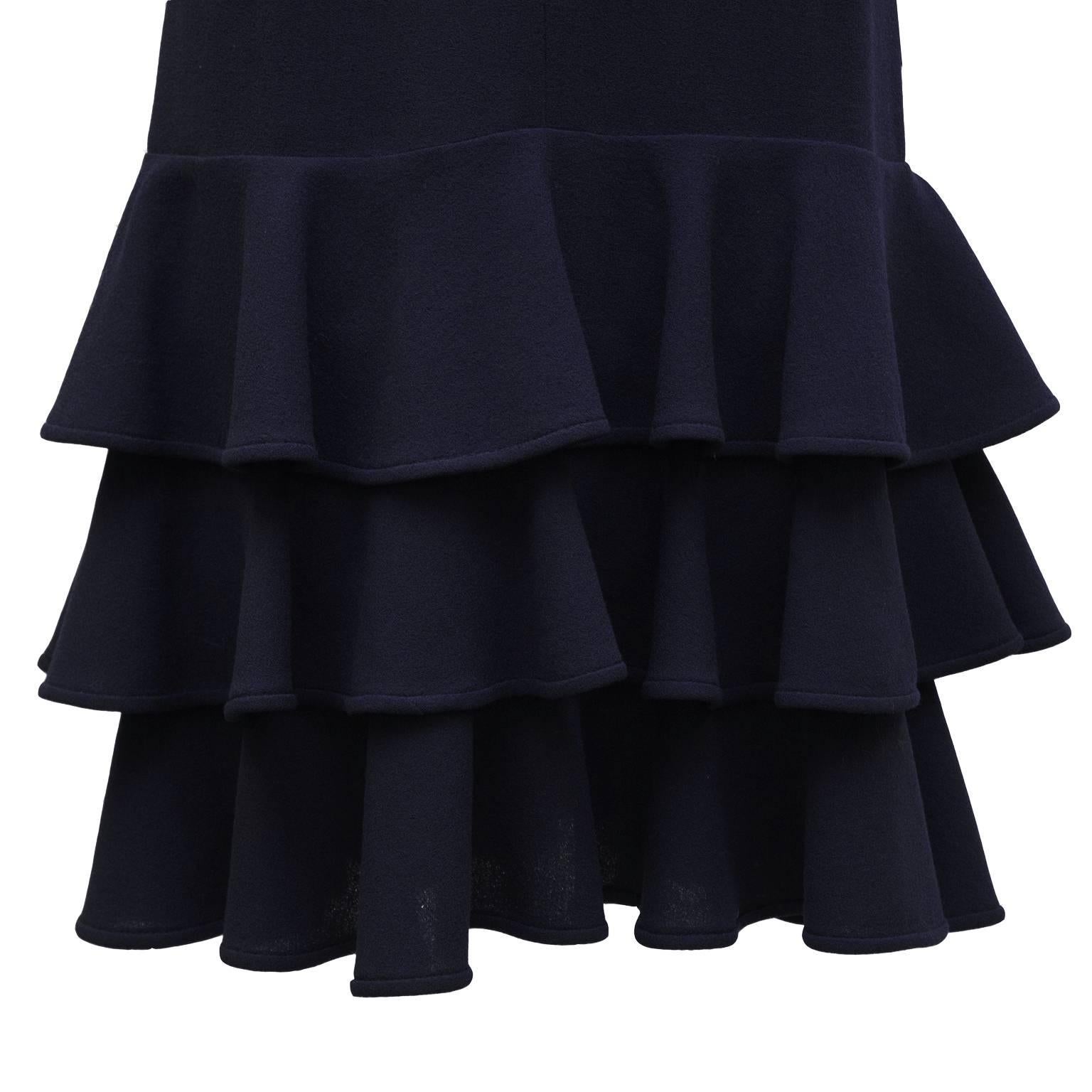 1980's Valentino Navy Crepe Long Sleeve Drop Waist Dress In Excellent Condition In Toronto, Ontario