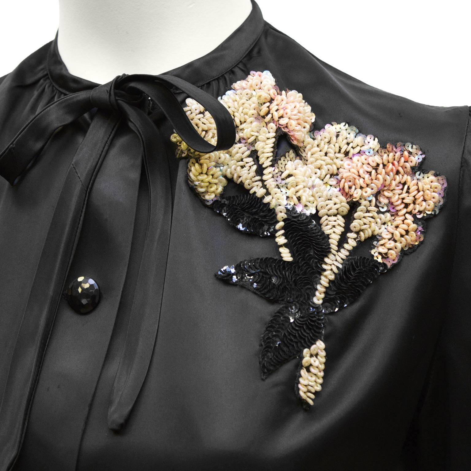Women's 1940's Anonymous Black Satin Blouse With Beaded Flower