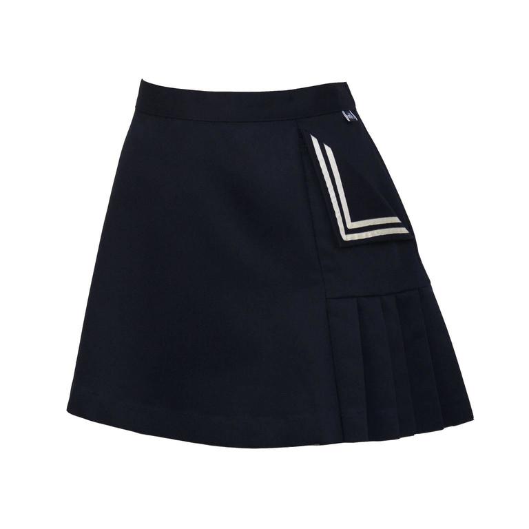 1960's Lily’s of Beverly Hills navy poly-cotton tennis skirt featuring a side pocket with blue and white nautical detail flap and pleating. Zipper up the back with button fastening and banded waist. Fits like a 2. In excellent condition. 