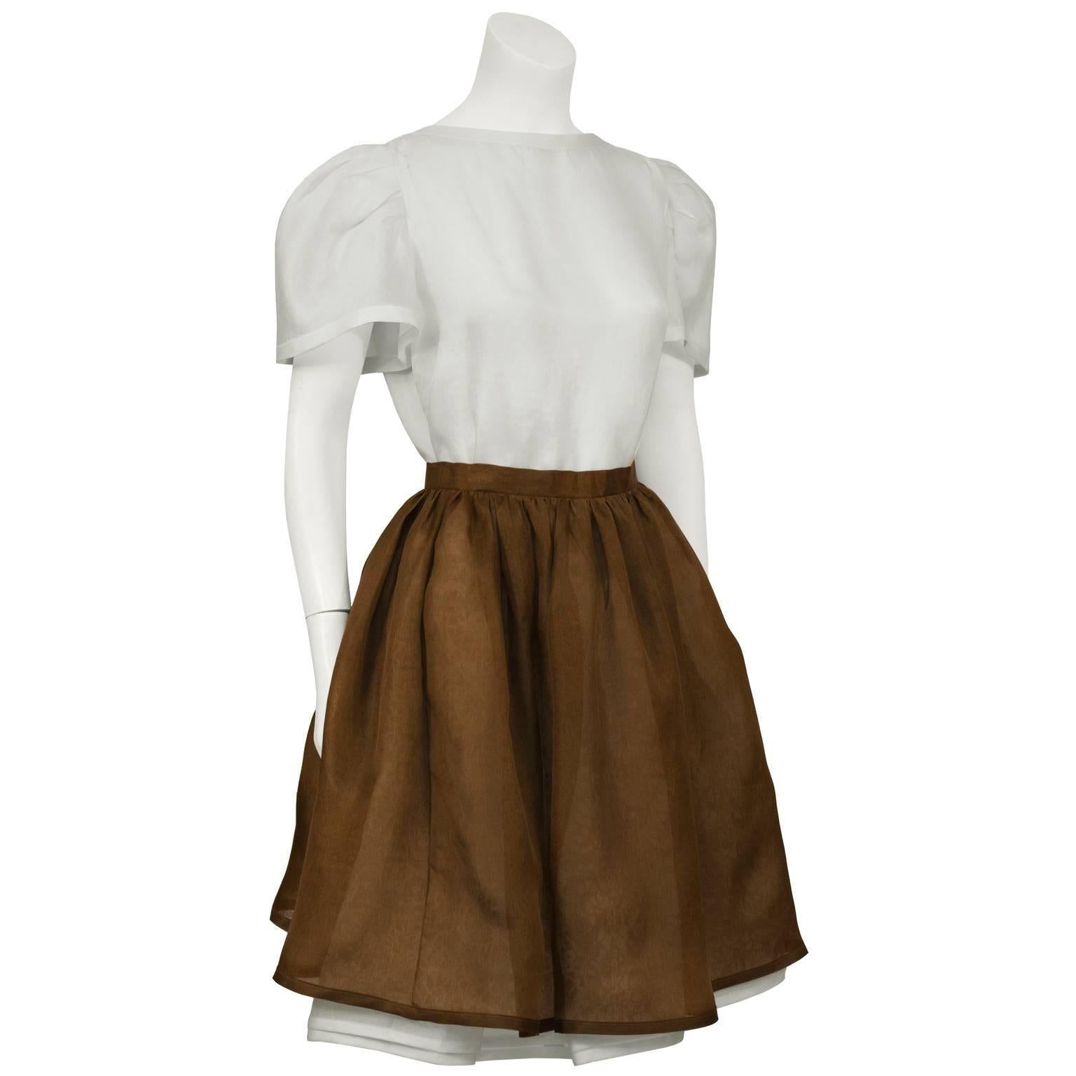 1980's silk gazar two-piece evening set by Carolyne Roehm, former assistant to Oscar De La Renta, well-known socialite and fashion icon. Two-layered brown and white full gathered skirt with waistband, puff sleeve top meant to be worn tucked in. Add