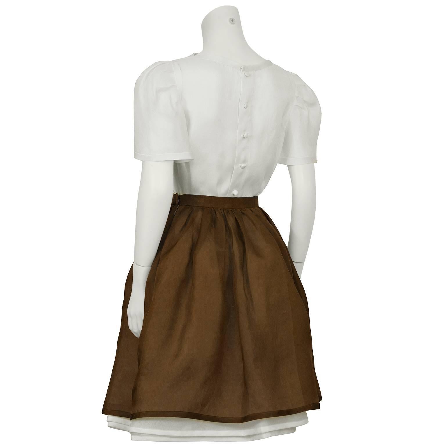 1980's Carolyne Roehm Silk Gazar Blouse and Brown Layered Skirt In Excellent Condition In Toronto, Ontario