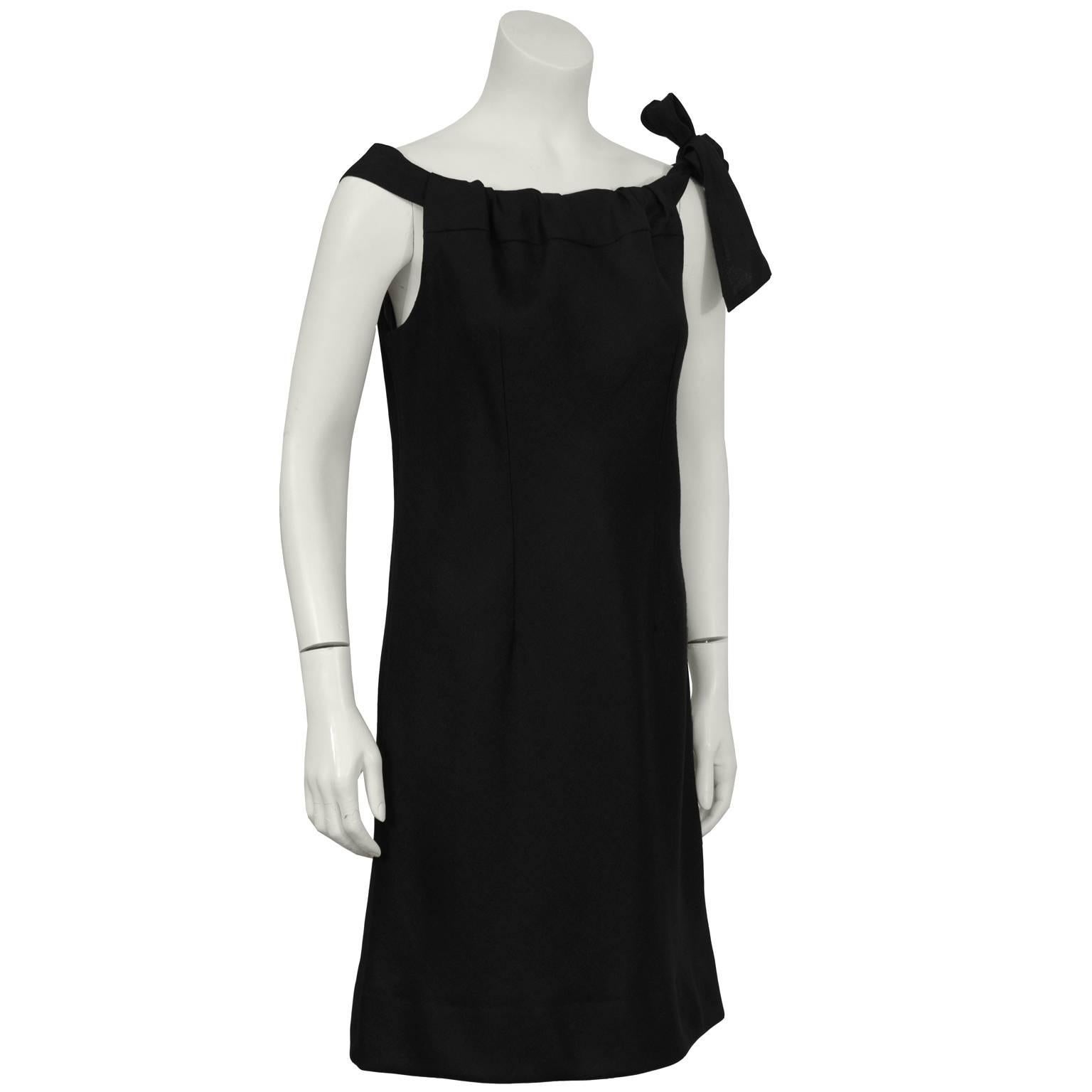 1960's Italian made for HR Boutique black linen sheath sleeveless dress with faux drawstring detail and self-tie over left shoulder. Double seamed front and back. Slightly fitted with a side zip, fully lined. Immaculate condition. Fits like a  US 6.