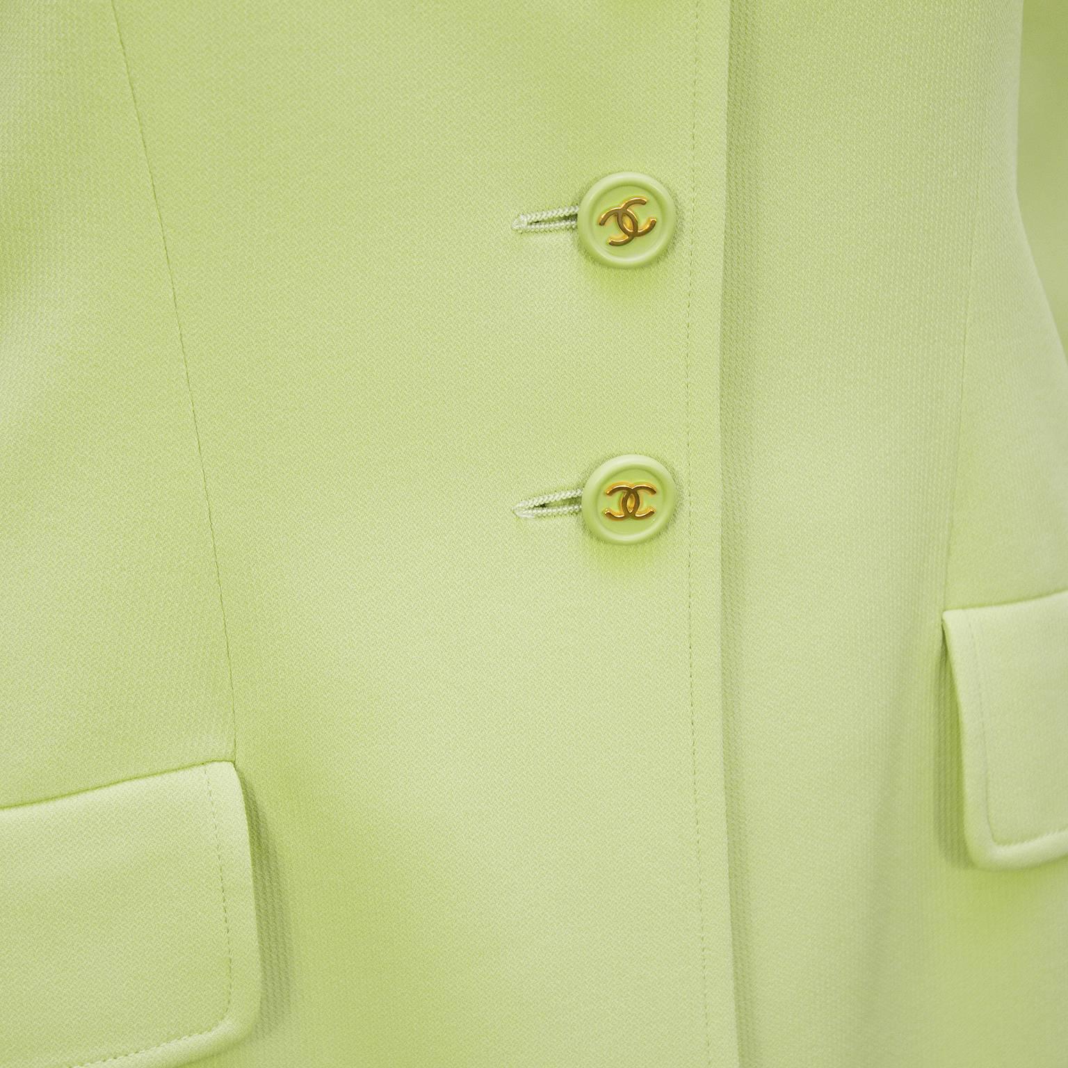 Green 1997 Spring Chanel Chartreuse Dress and Coat Ensemble 