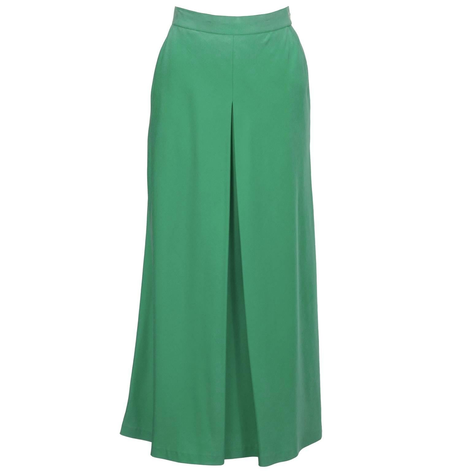 1980's Chanel Green Silk Culotte Style Maxi Skirt