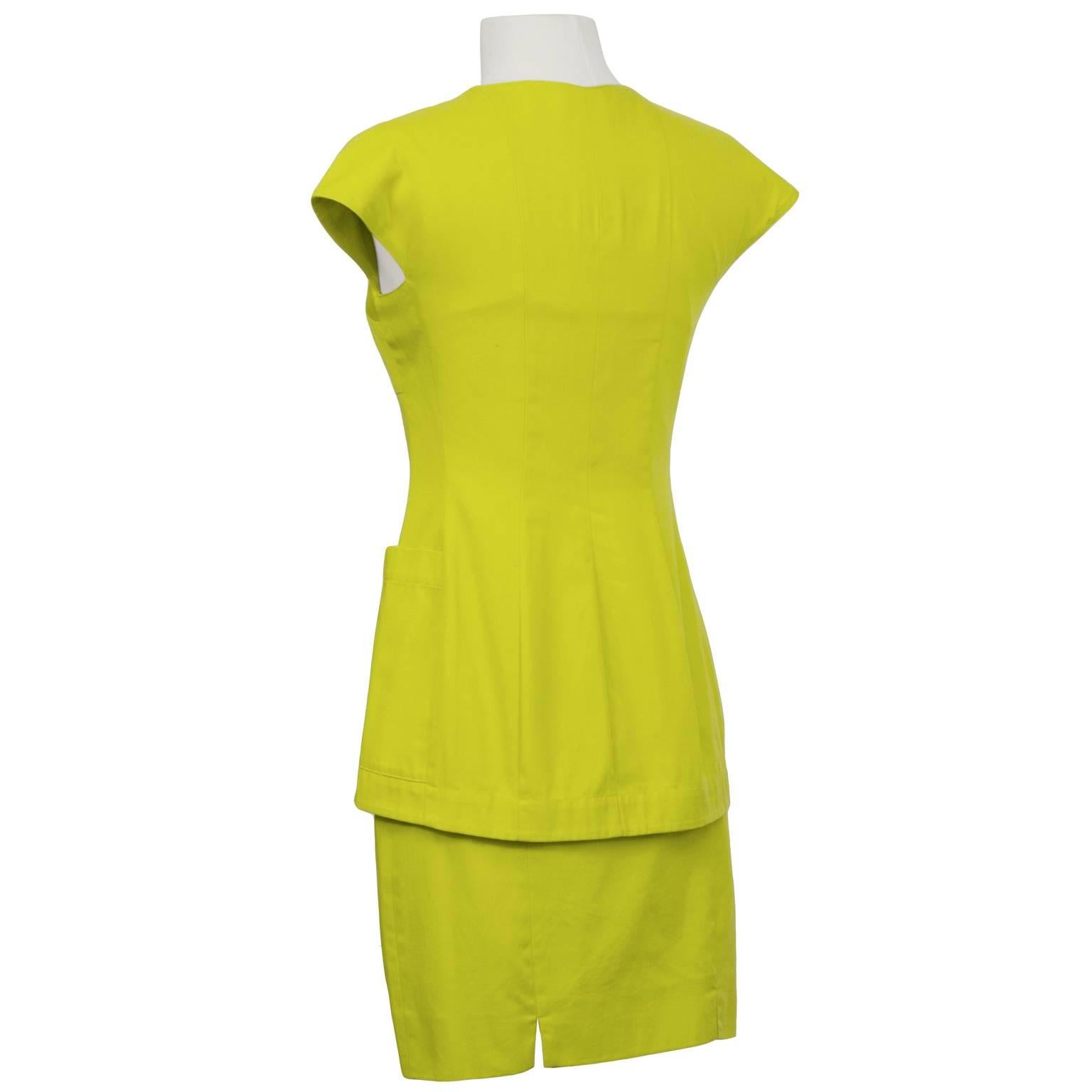 Yellow 1980's Byblos Chartreuse Cotton Short Sleeve Suit Set