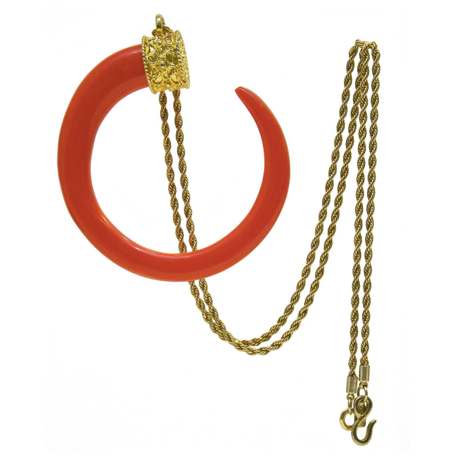 1970's Kenneth Jay Lane Faux Coral Crescent Pendant
